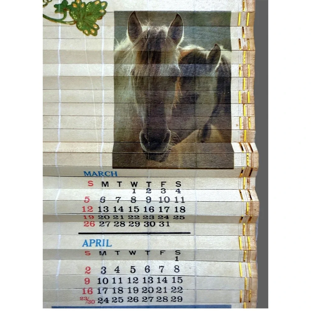 Vintage 1988-1989 Bamboo Slatted Double-Sided HORSE Calendar Roll 31.5